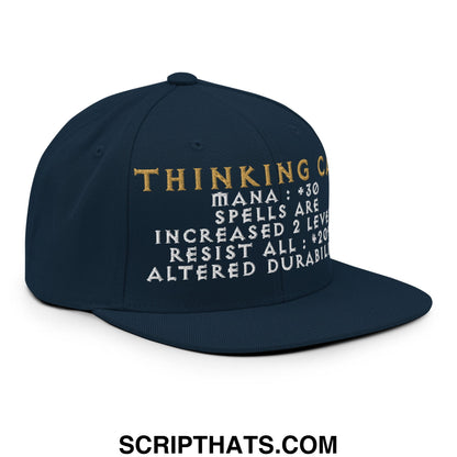 Dark navy blue thinking cap diablo snapback hat with gold and white embroidered game stats and flat bill brim