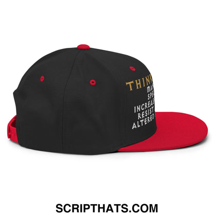 Thinking cap diablo embroidered flat bill snapback hat in black and red with gold and white side text embroidery