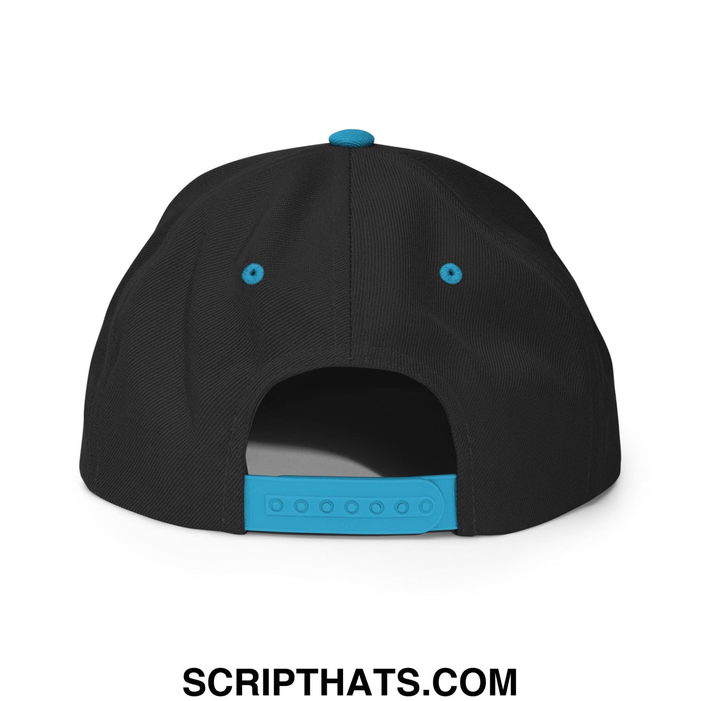 Thinking cap diablo embroidered flat bill snapback hat in black with turquoise plastic button eyelets and adjustable strap