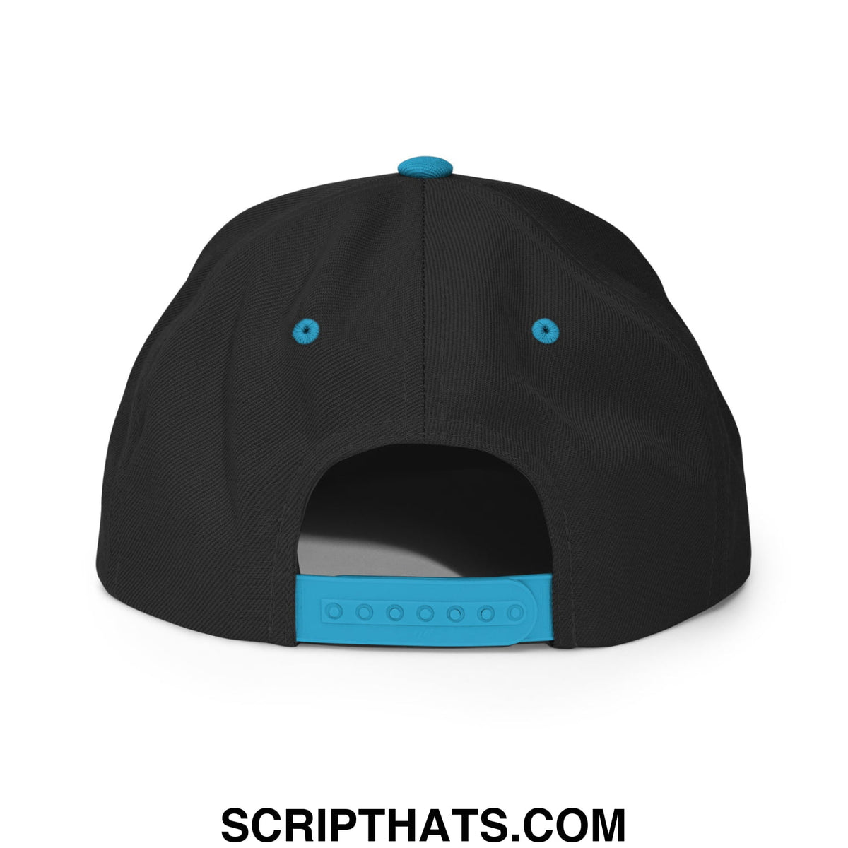 Thinking cap diablo embroidered flat bill snapback hat in black with turquoise plastic button eyelets and adjustable strap