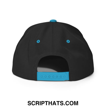 Thinking cap diablo embroidered flat bill snapback hat in black with turquoise plastic button eyelets and adjustable strap