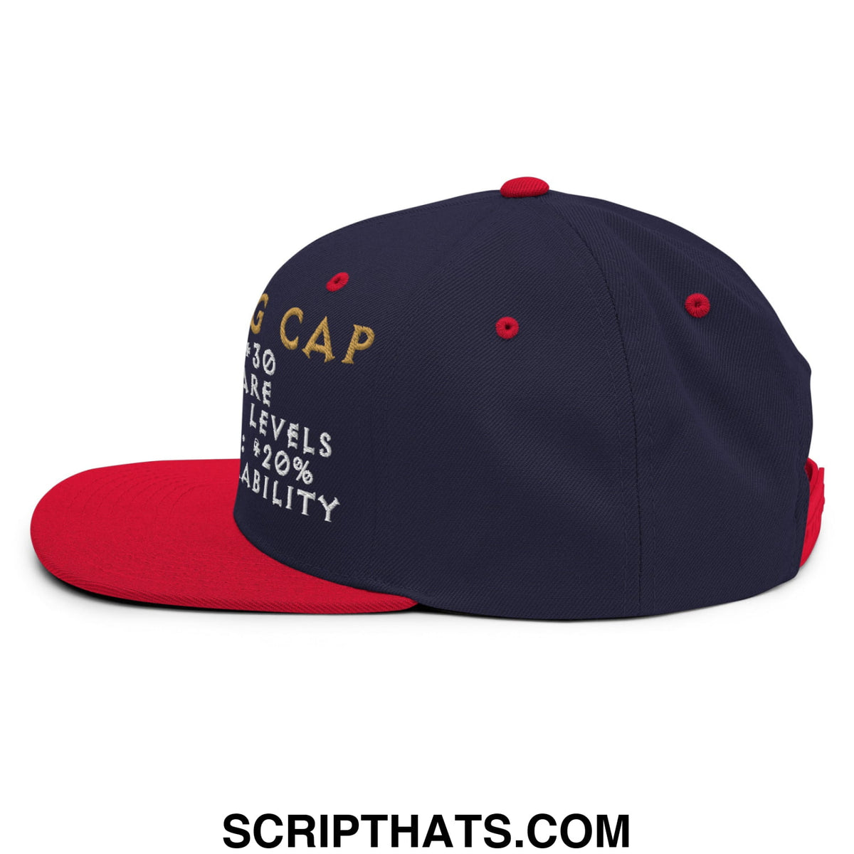 Navy blue and red snapback hat with gold and white embroidered thinking cap diablo flat bill brim design