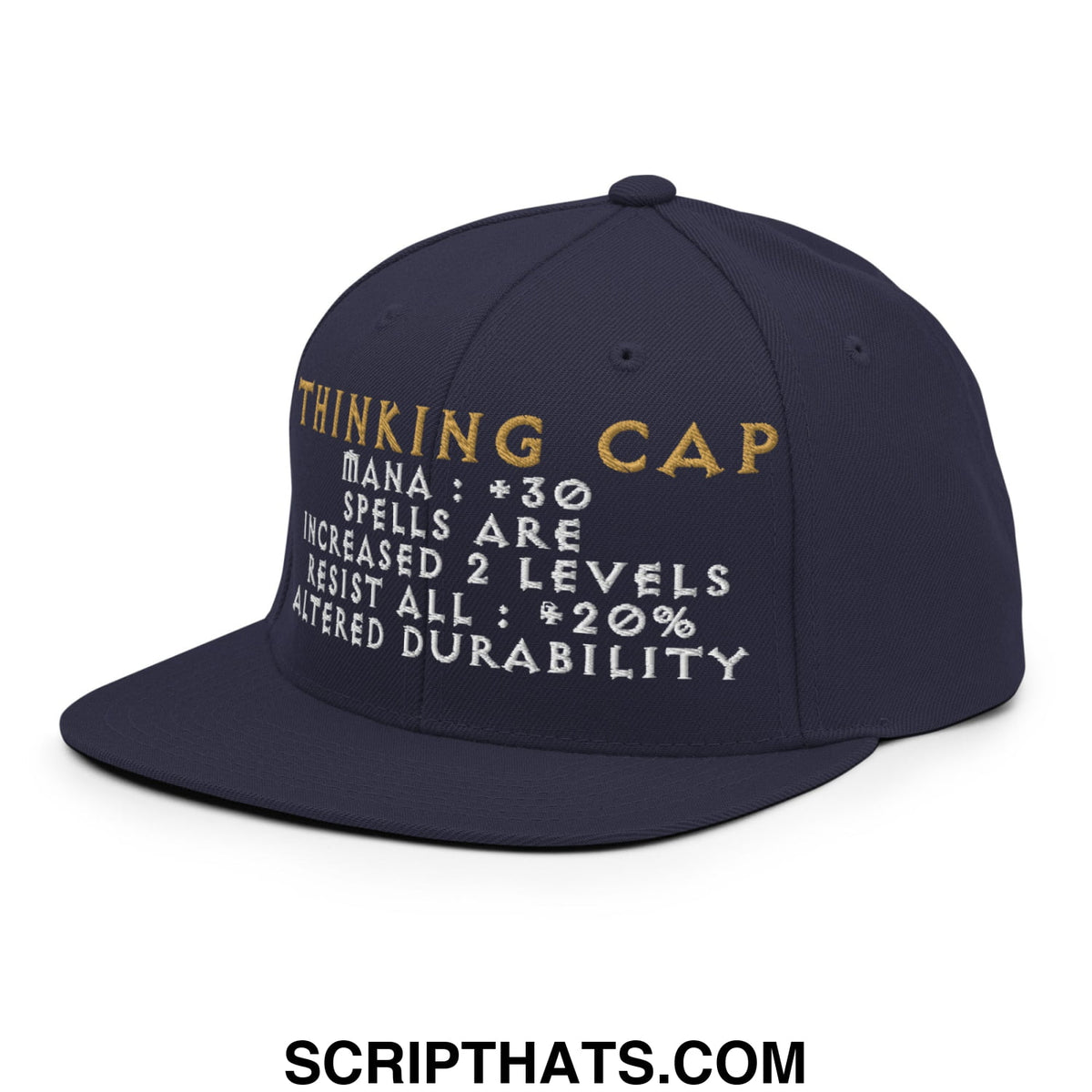 Navy blue Thinking Cap Diablo snapback hat with gold and white embroidered thinking cap text and game-style stats