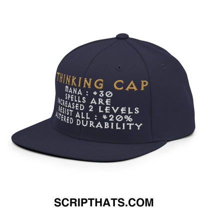Navy blue Thinking Cap Diablo snapback hat with gold and white embroidered thinking cap text and game-style stats