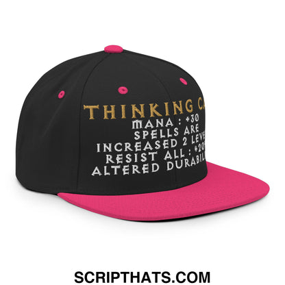 Black and pink snapback thinking cap diablo hat with gold and white embroidered game stats and flat bill brim