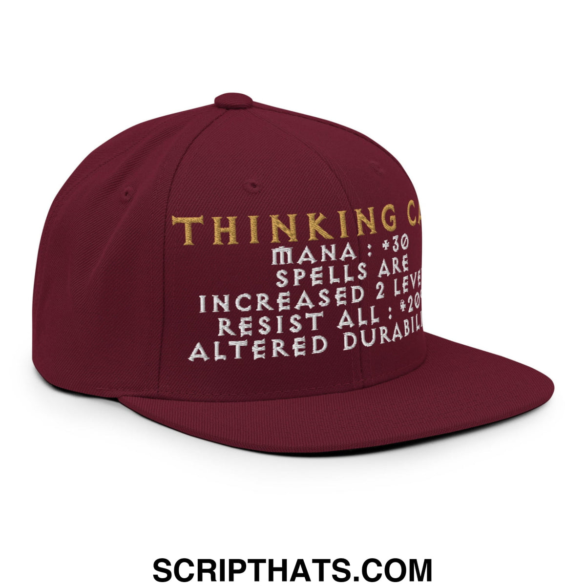 Maroon Thinking Cap Diablo snapback hat with gold white embroidered text and game style mana and spell stats