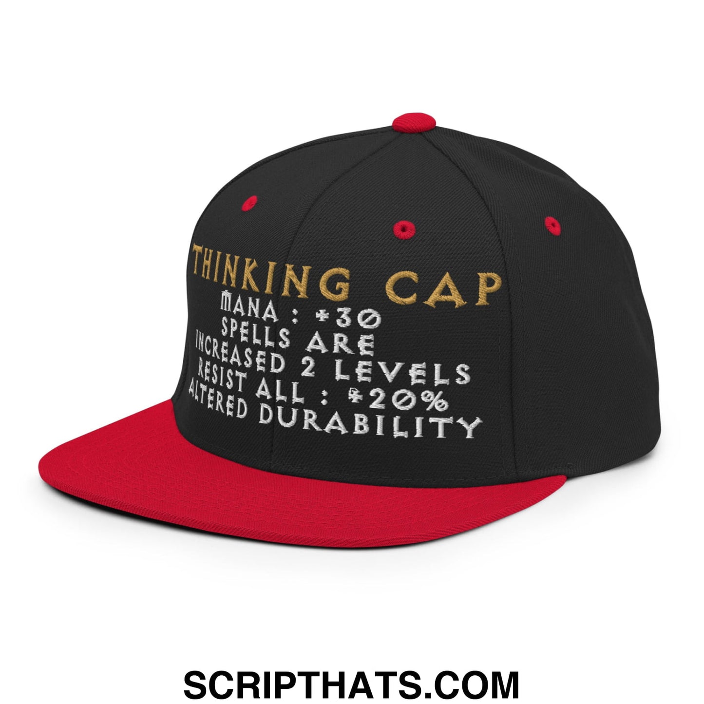 Black and red thinking cap diablo snapback hat with gold and white embroidered game-style stats and flat bill brim