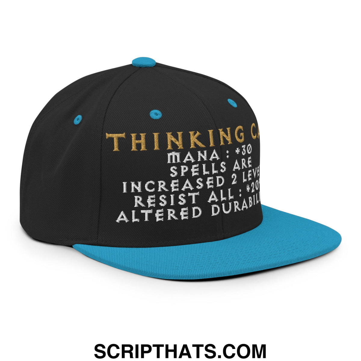 Black and teal Thinking Cap Diablo snapback hat with gold and white embroidered gaming text on flat bill brim
