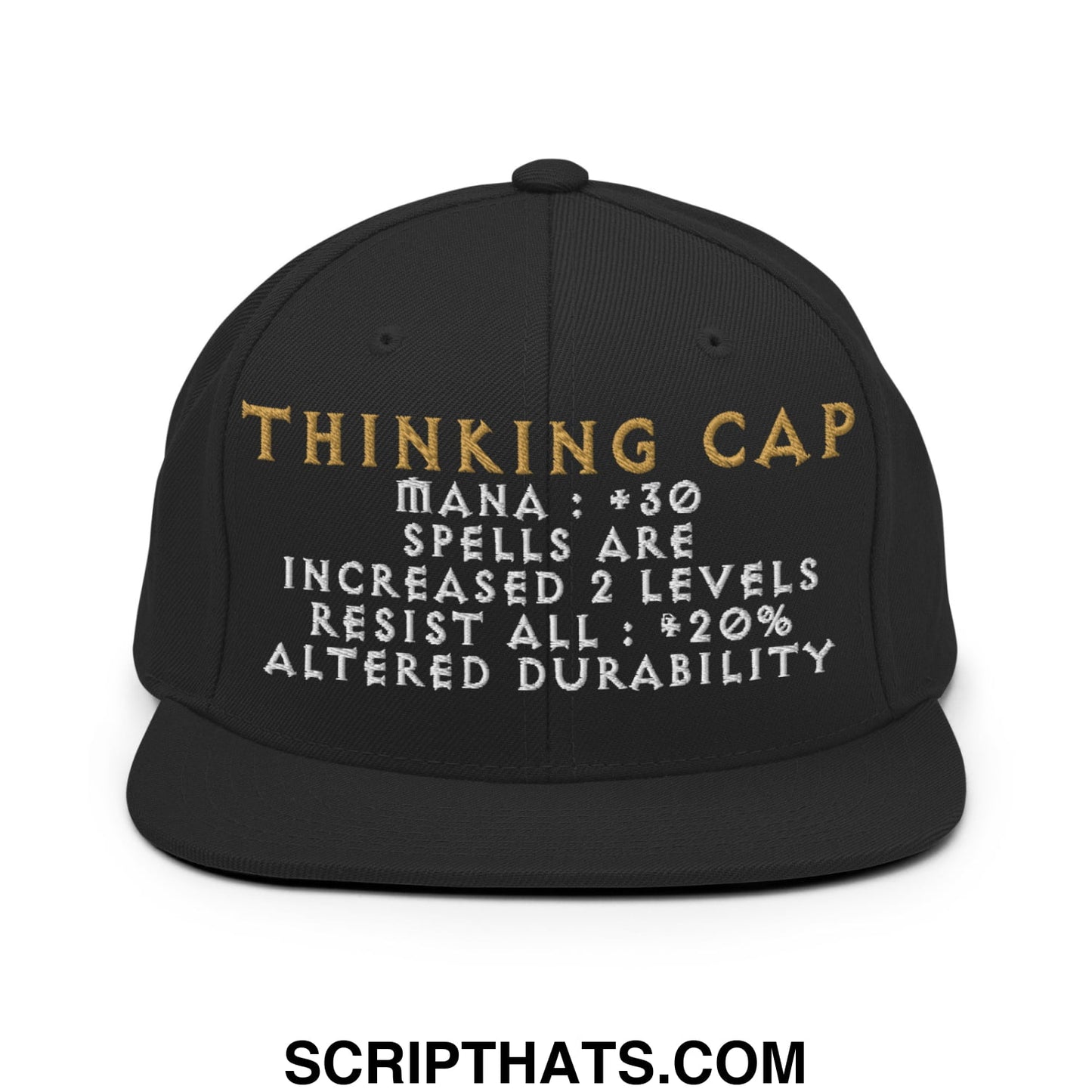Black flat bill brim snapback hat with gold and white embroidered thinking cap text and game-like stats