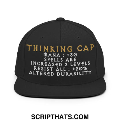 Black flat bill brim snapback hat with gold and white embroidered thinking cap text and game-like stats