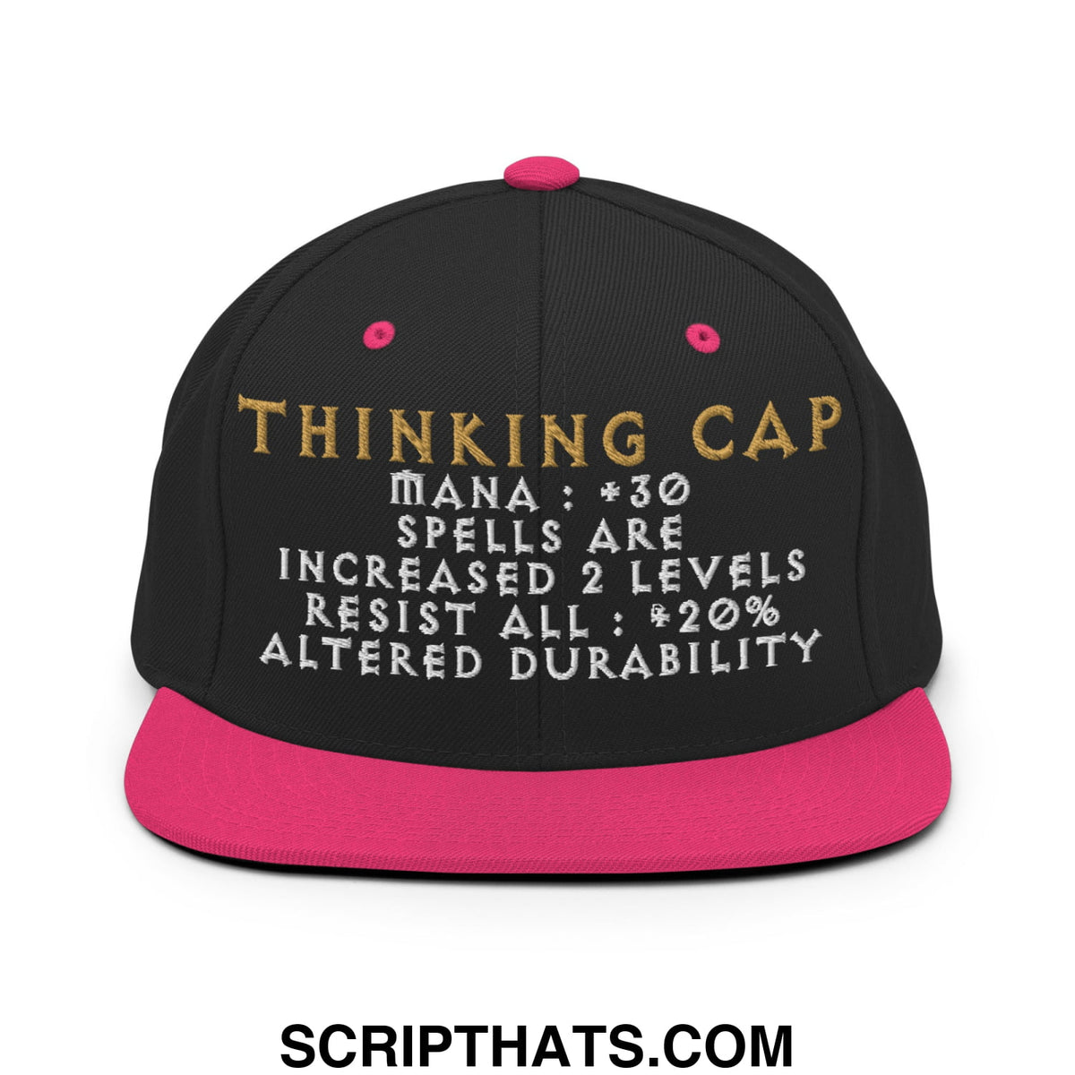 Black snapback thinking cap diablo hat with pink flat bill brim and gold white embroidered game-like stats text