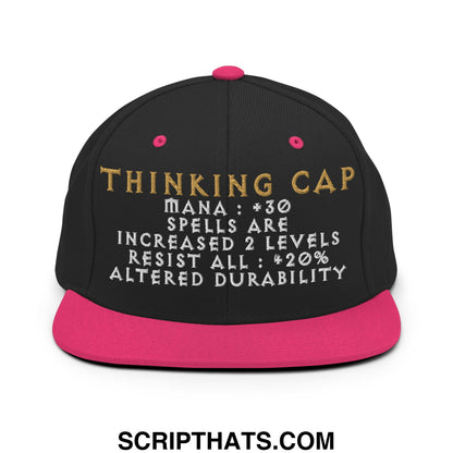 Black snapback thinking cap diablo hat with pink flat bill brim and gold white embroidered game-like stats text