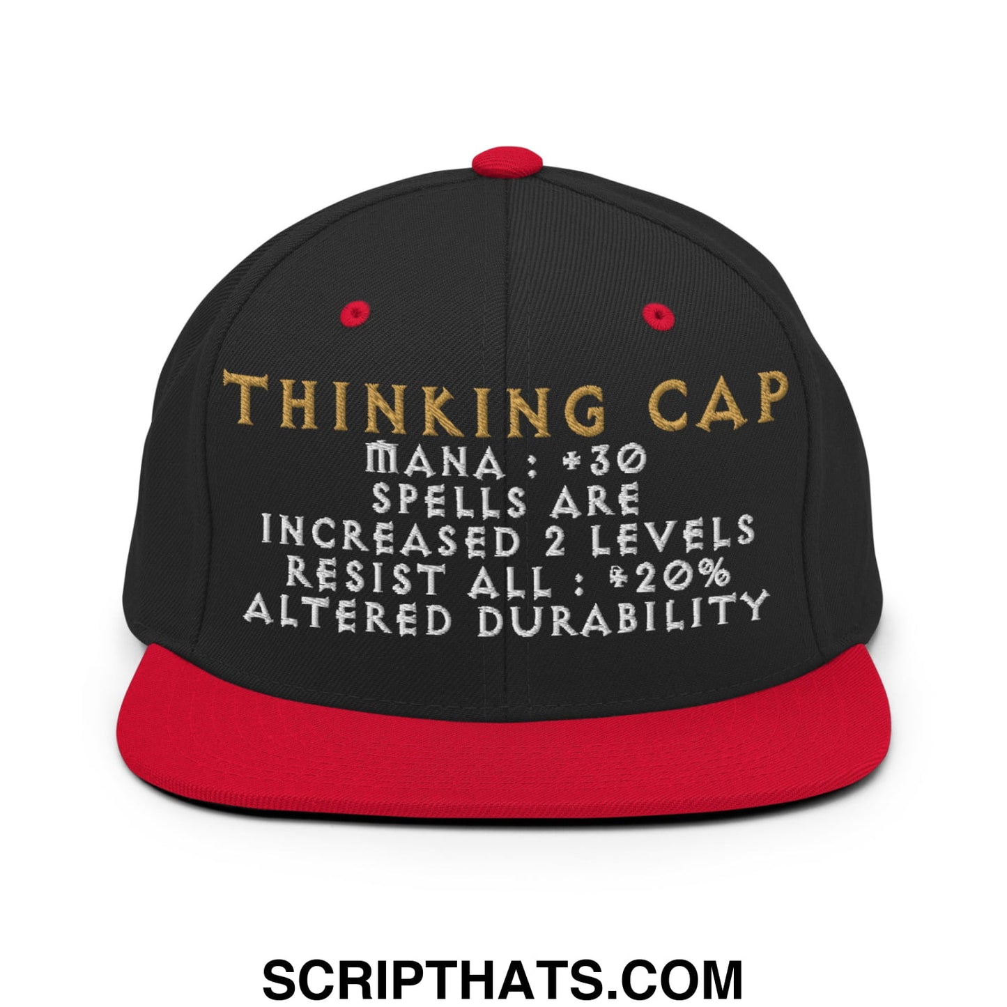Black snapback thinking cap diablo hat with red brim and gold white embroidered game-like stats and text