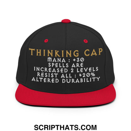 Black snapback thinking cap diablo hat with red brim and gold white embroidered game-like stats and text