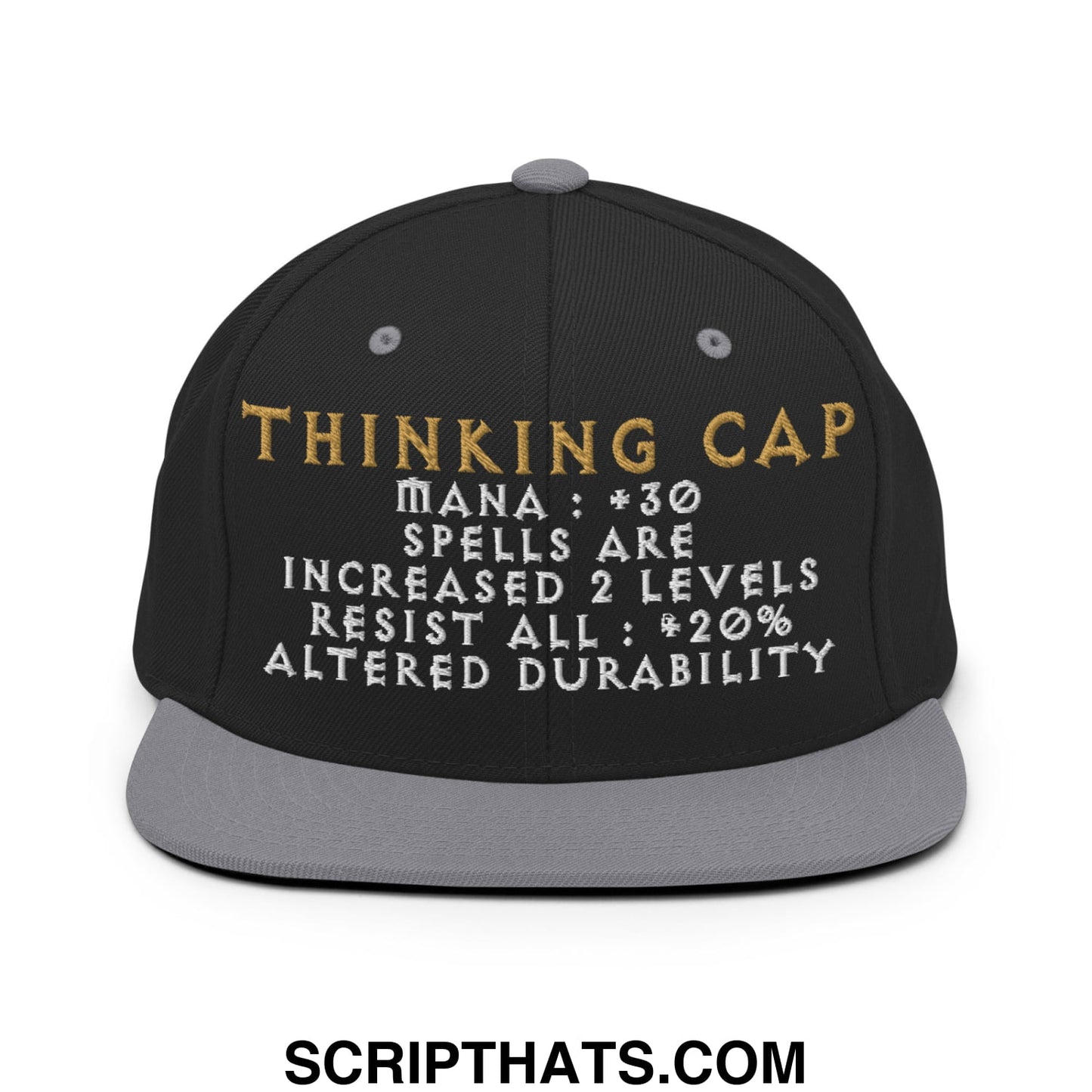 Black snapback thinking cap diablo hat with gray brim and embroidered gold and white text and game-like stats