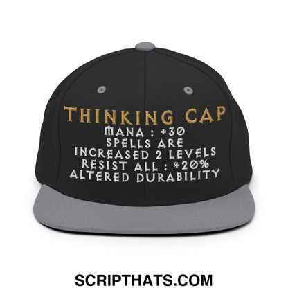 Black snapback thinking cap diablo hat with gray brim and embroidered gold and white text and game-like stats
