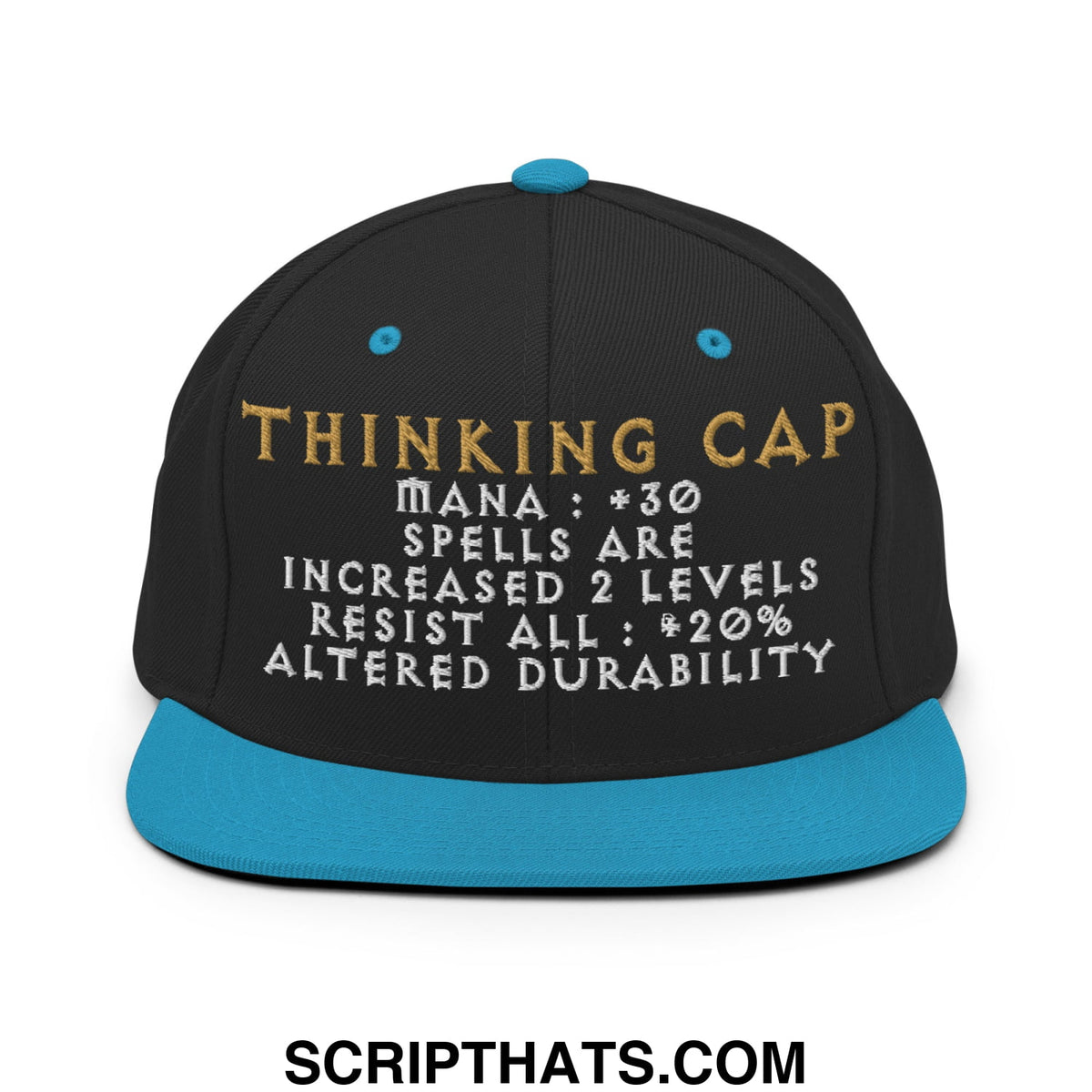 Black snapback cap with teal brim and gold white thinking cap embroidery featuring game-like stats