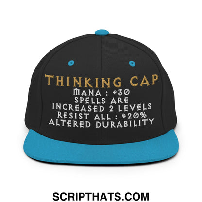 Black snapback cap with teal brim and gold white thinking cap embroidery featuring game-like stats