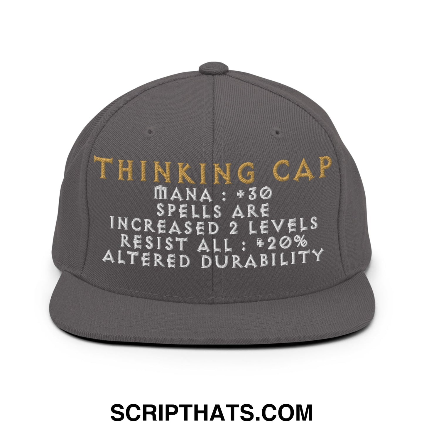 Gray thinking cap diablo snapback hat with gold and white embroidered text and game-like stats on flat bill brim