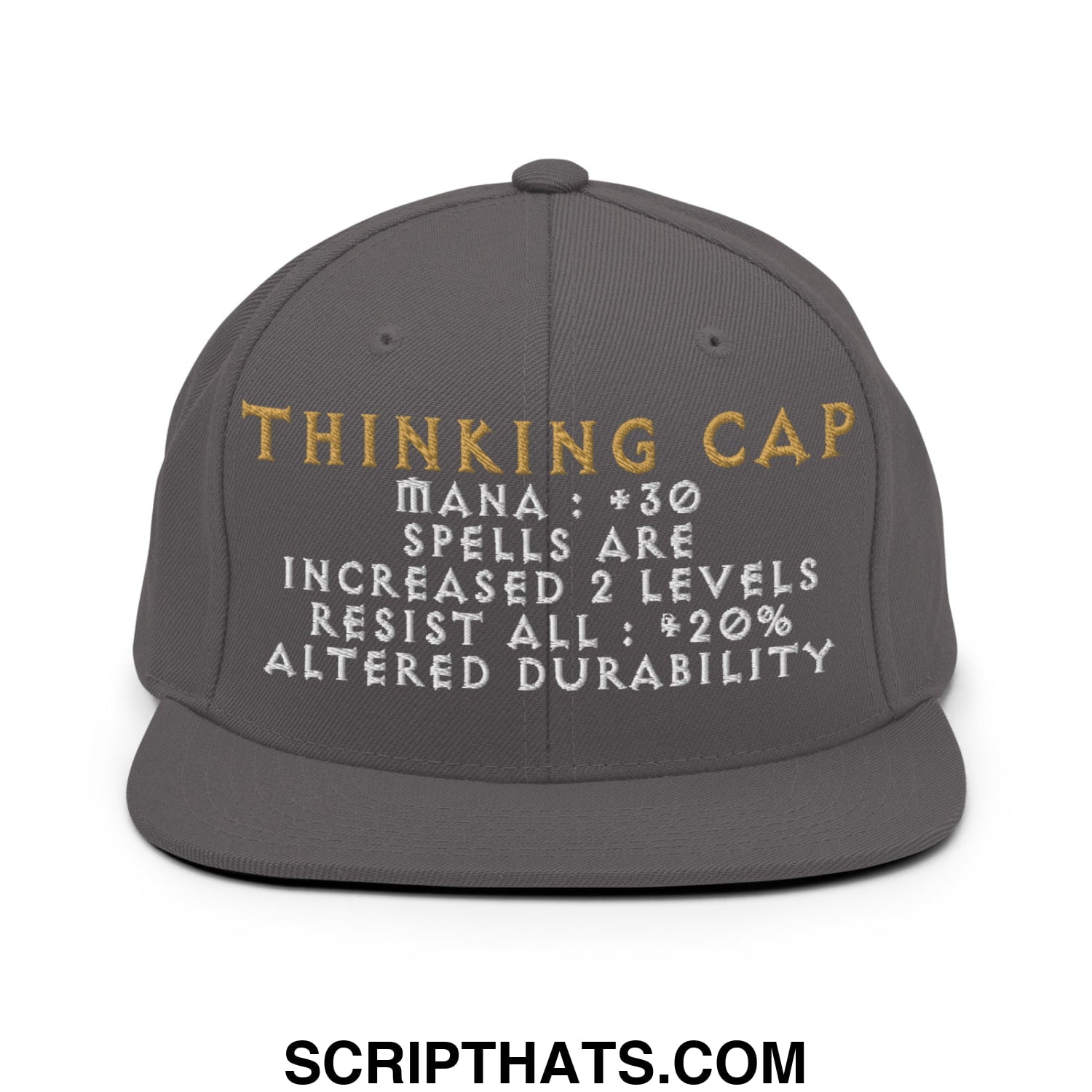 Gray thinking cap diablo snapback hat with gold and white embroidered text and game-like stats on flat bill brim