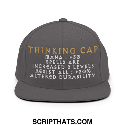 Gray thinking cap diablo snapback hat with gold and white embroidered text and game-like stats on flat bill brim