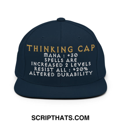 Dark blue snapback hat with flat bill brim featuring gold and white thinking cap embroidered text and game stats