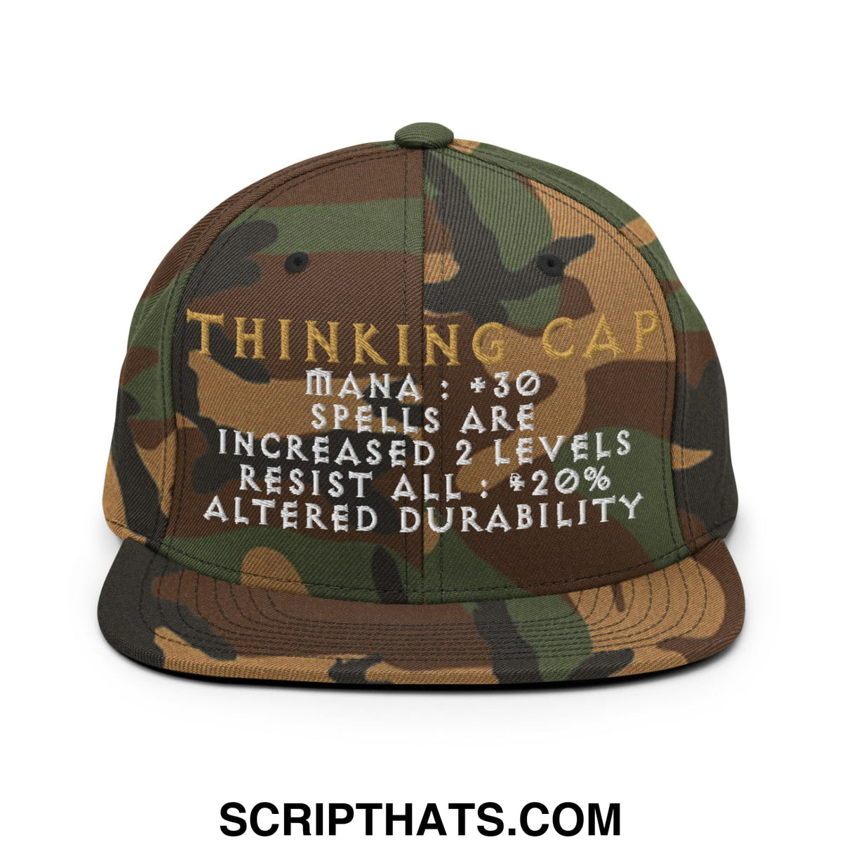Thinking cap diablo snapback hat with camouflage pattern and gold white embroidered text flat bill brim