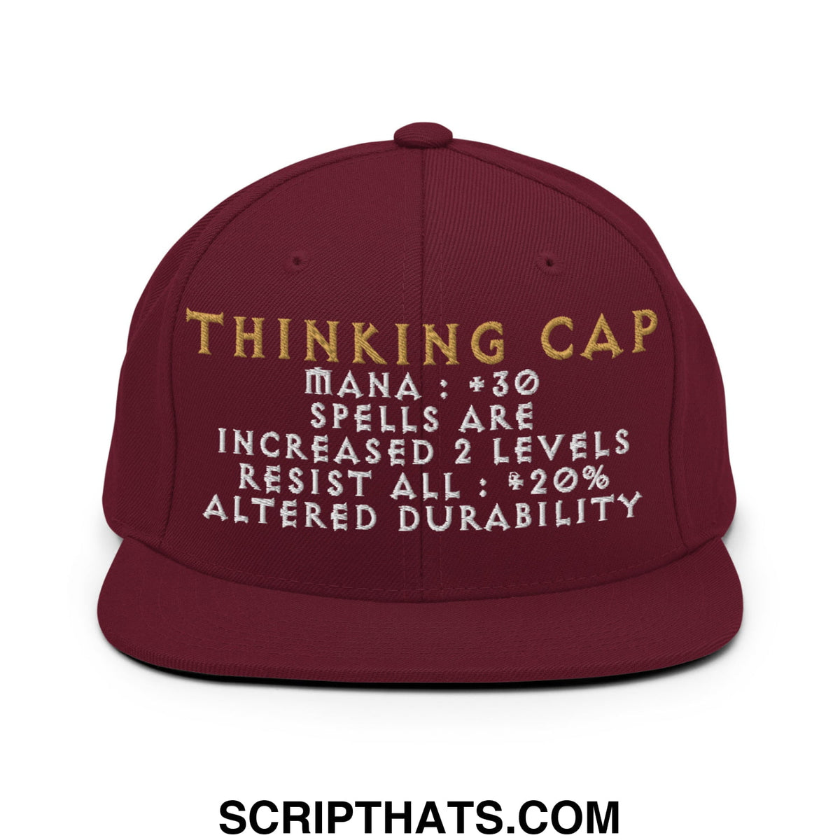 Thinking Cap Diablo maroon snapback hat with gold and white embroidered thinking cap text and game-like stats