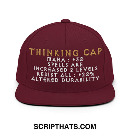 Thinking Cap Diablo maroon snapback hat with gold and white embroidered thinking cap text and game-like stats