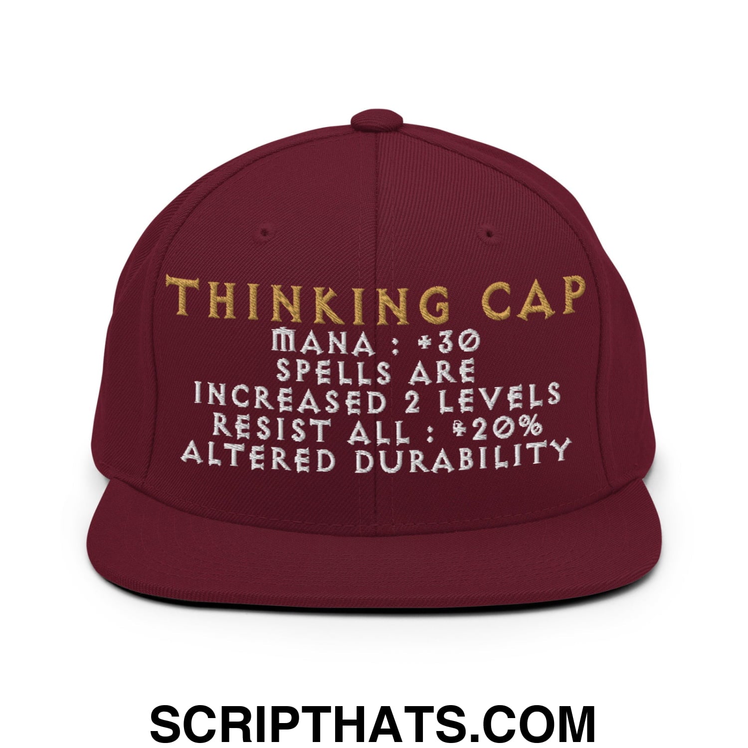 Thinking Cap Diablo Embroidered Flat Bill Brim Snapback Hat Maroon