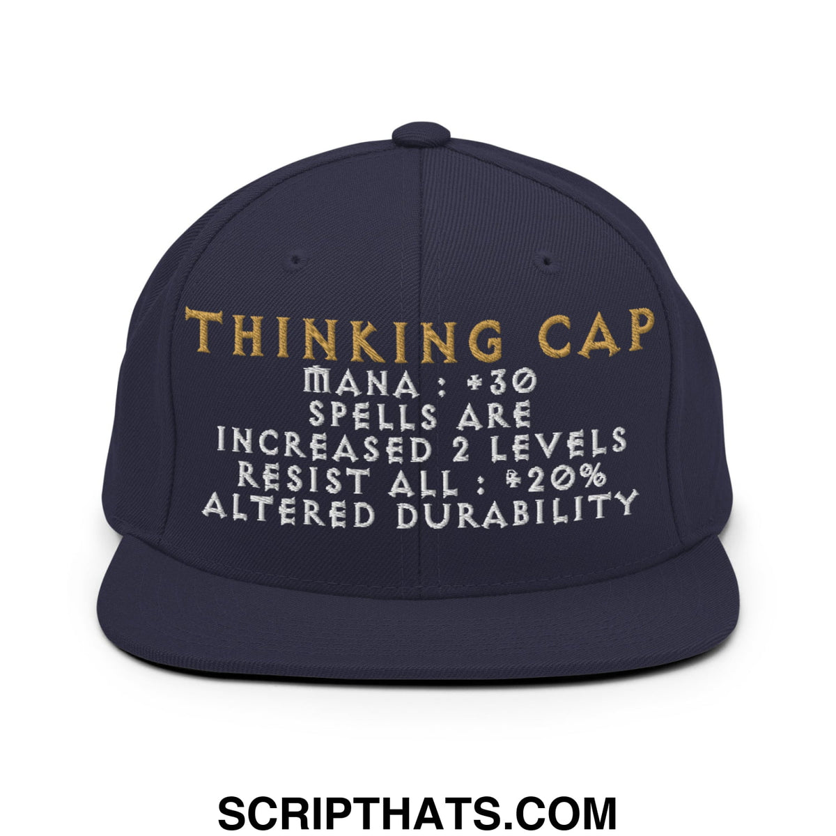 Navy blue flat bill snapback hat with gold and white embroidered thinking cap text and game-like stats