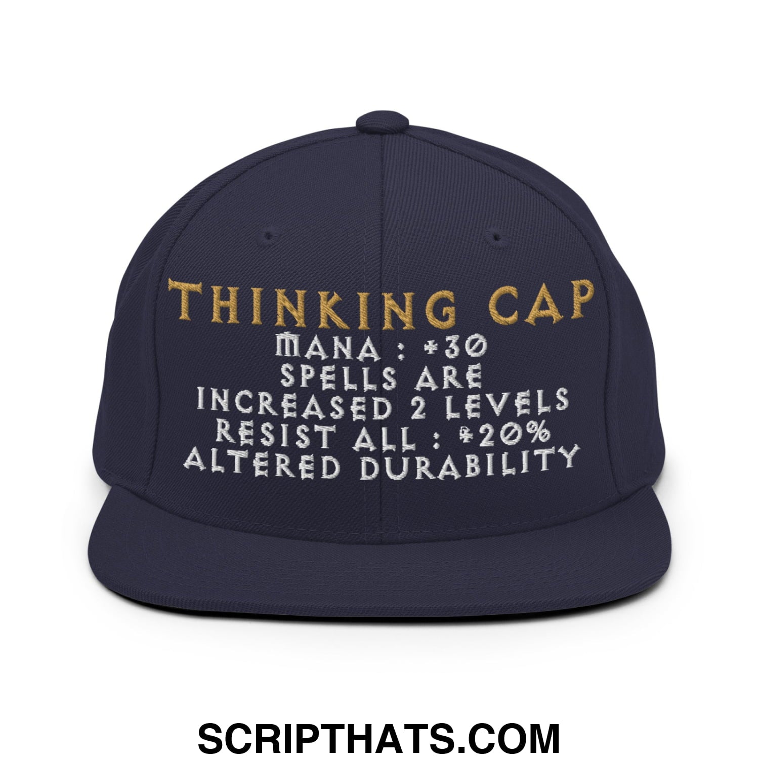 Navy blue flat bill snapback hat with gold and white embroidered thinking cap text and game-like stats