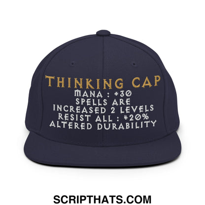 Navy blue flat bill snapback hat with gold and white embroidered thinking cap text and game-like stats