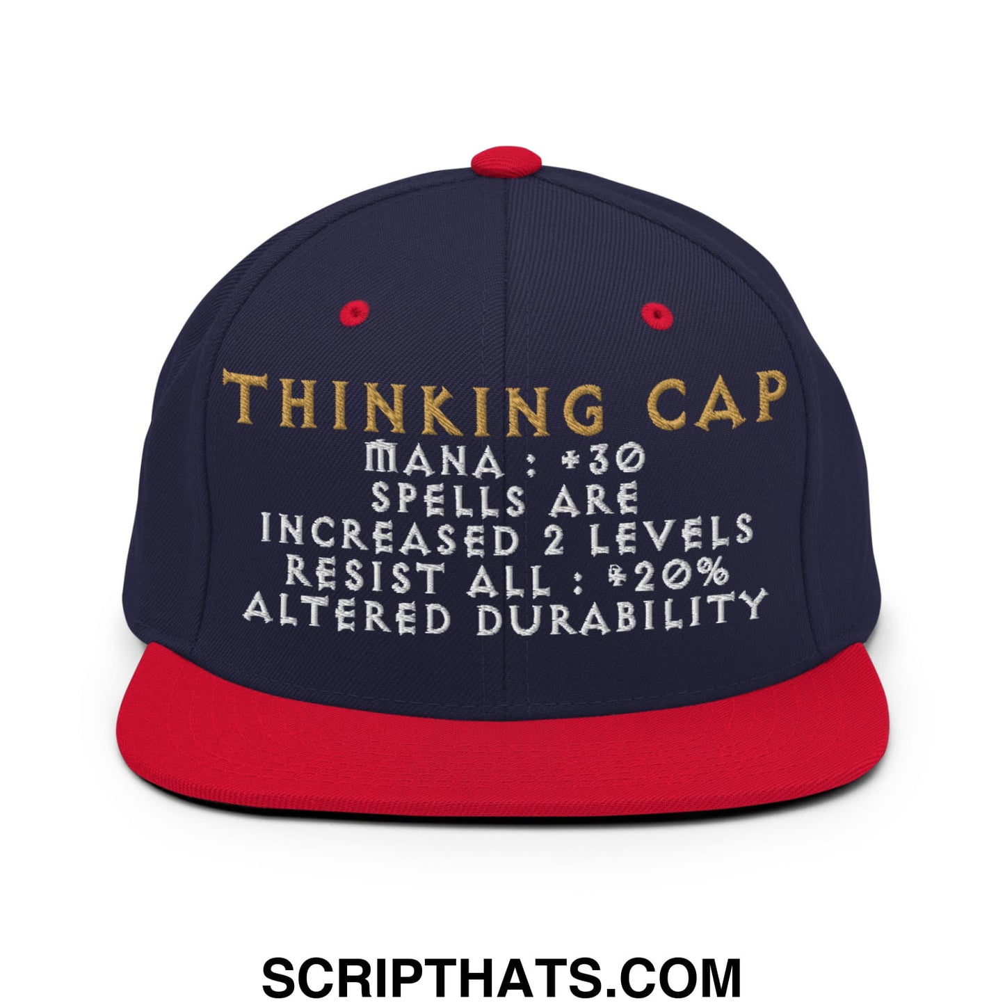 Navy blue snapback cap with red brim and button featuring gold and white thinking cap embroidery and game stats