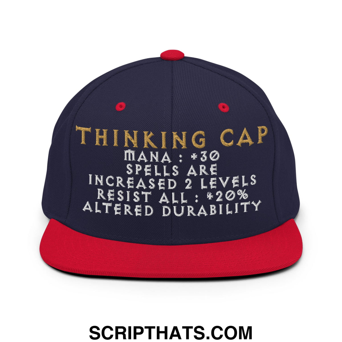 Navy blue snapback cap with red brim and button featuring gold and white thinking cap embroidery and game stats
