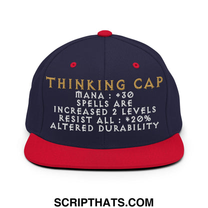 Navy blue snapback cap with red brim and button featuring gold and white thinking cap embroidery and game stats