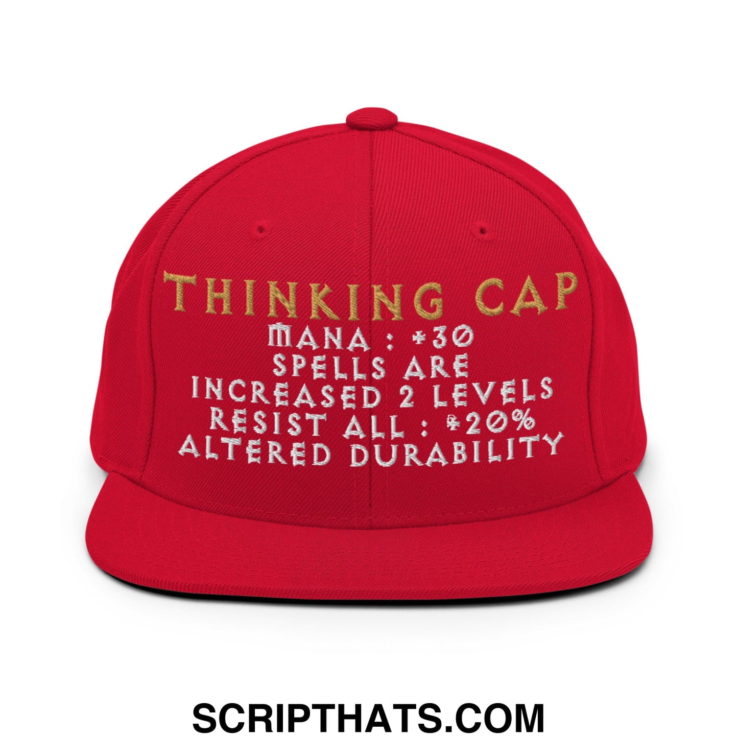 Red snapback thinking cap diablo embroidered flat bill brim hat with gold and white game style text and stats