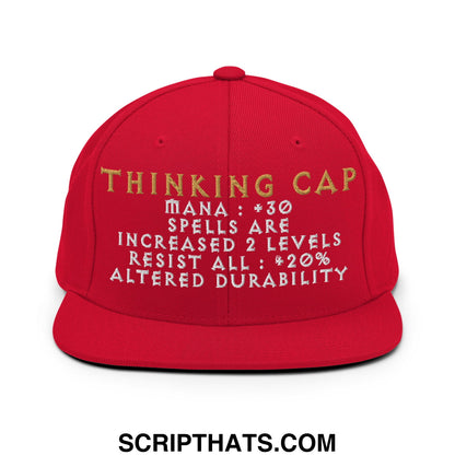Red snapback thinking cap diablo embroidered flat bill brim hat with gold and white game style text and stats