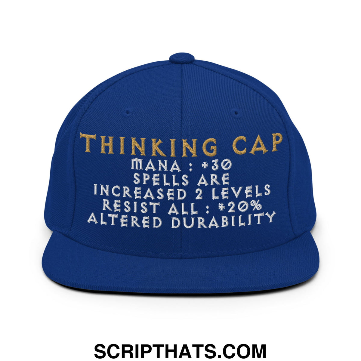 Royal blue flat bill snapback hat with gold and white thinking cap embroidered text and game-like stats