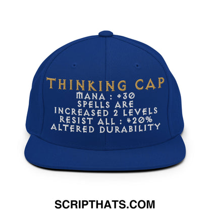 Royal blue flat bill snapback hat with gold and white thinking cap embroidered text and game-like stats