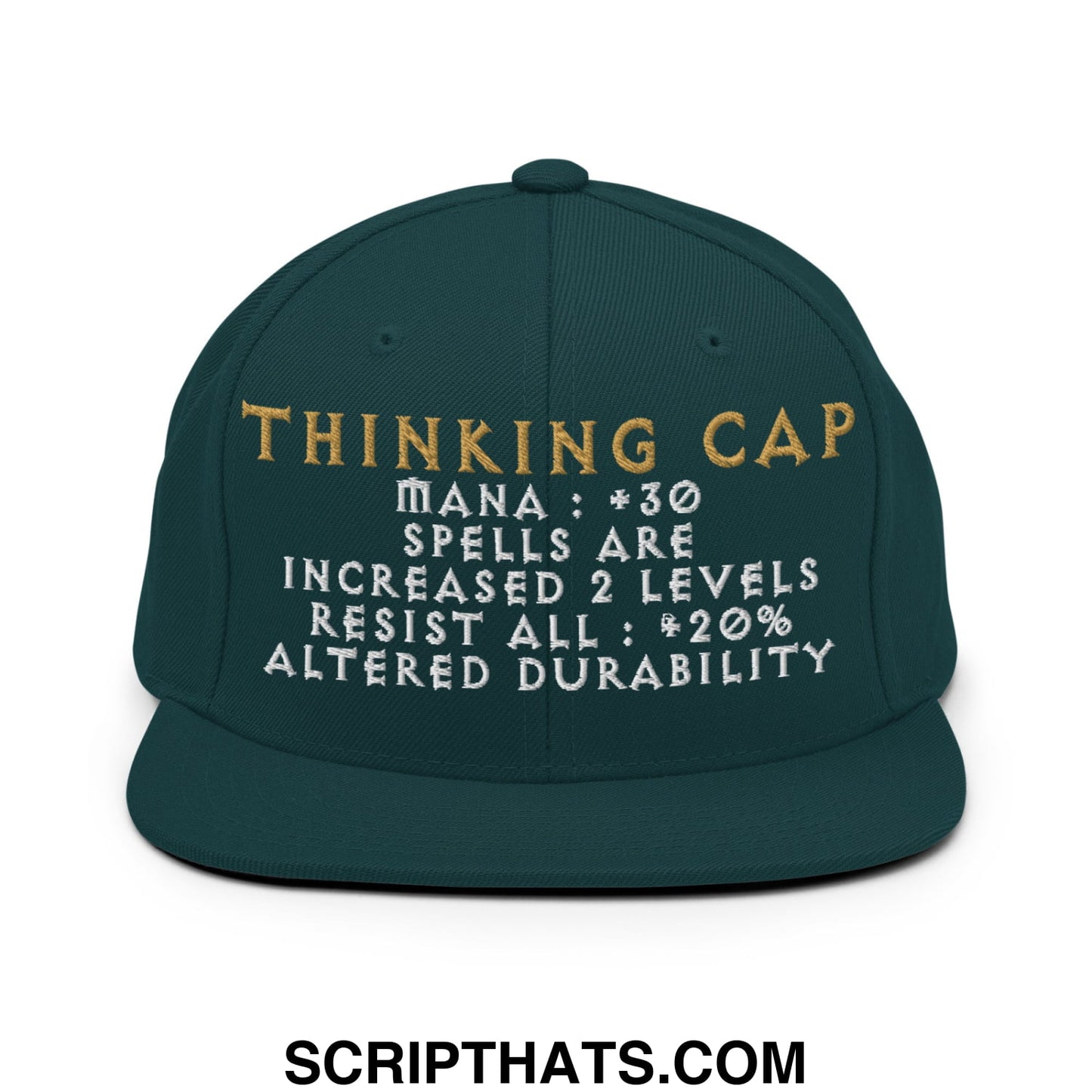 Dark green thinking cap diablo snapback hat with gold and white embroidered flat bill brim and game-like stats text