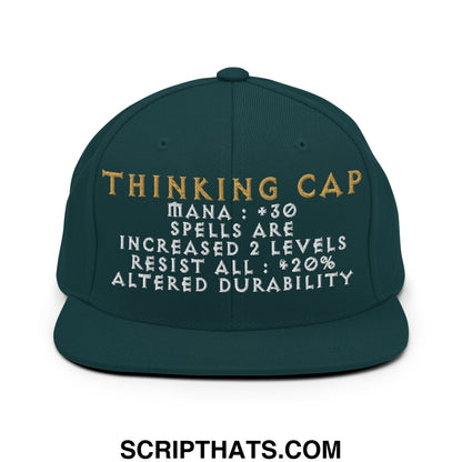 Dark green thinking cap diablo snapback hat with gold and white embroidered flat bill brim and game-like stats text