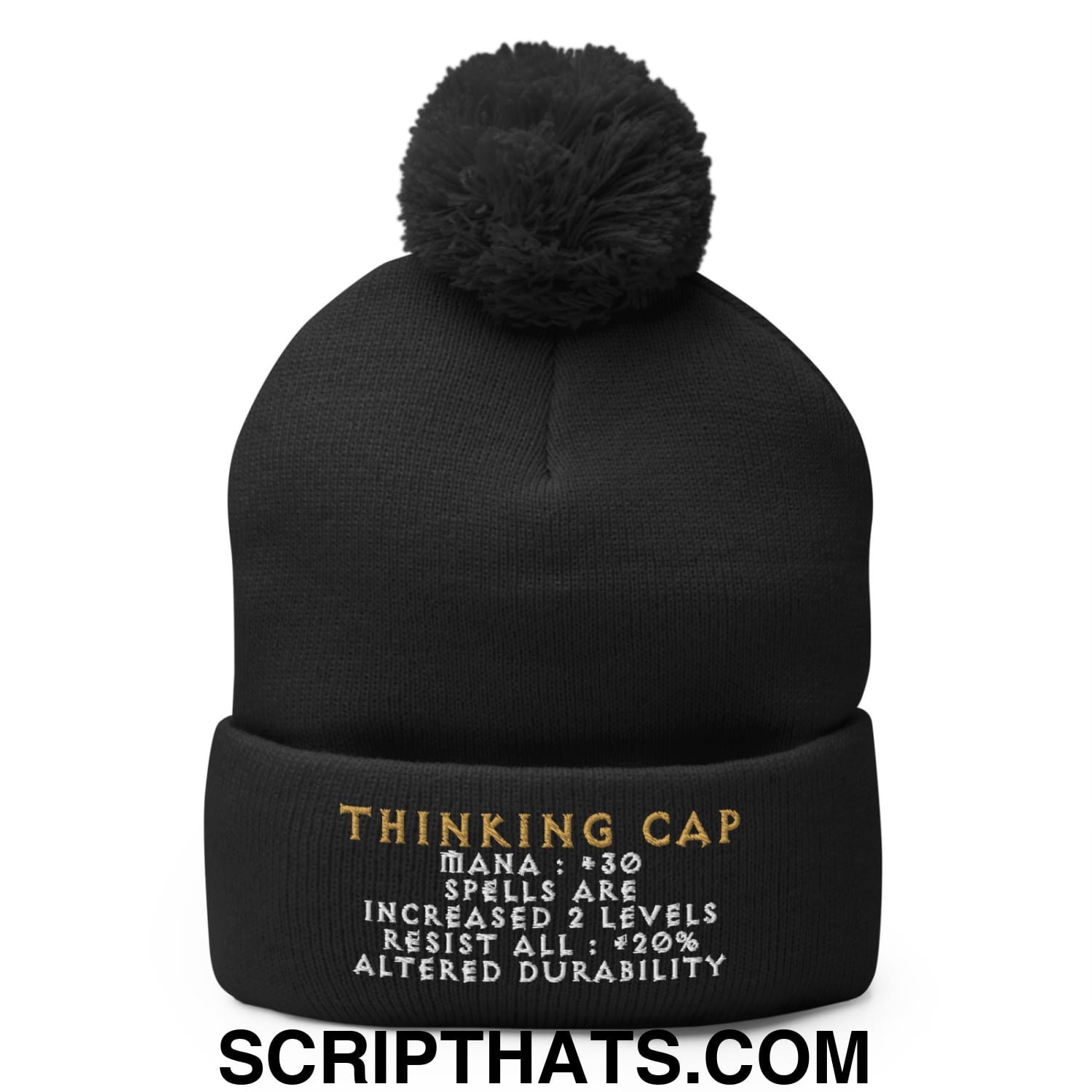 Thinking Cap Diablo Embroidered Knit Pom Pom Beanie Black