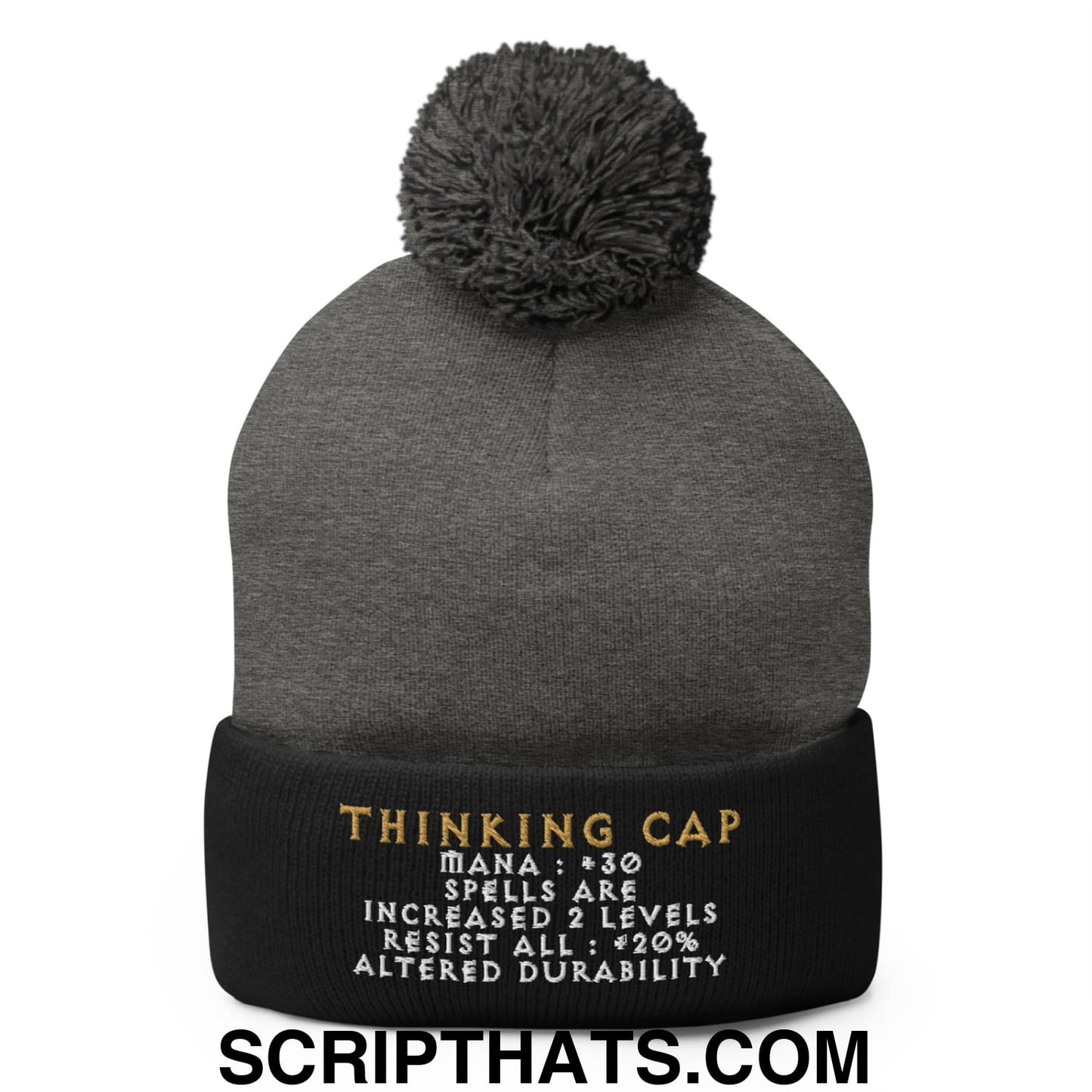 Thinking Cap Diablo Embroidered Knit Pom Pom Beanie Dark Heather Grey Black