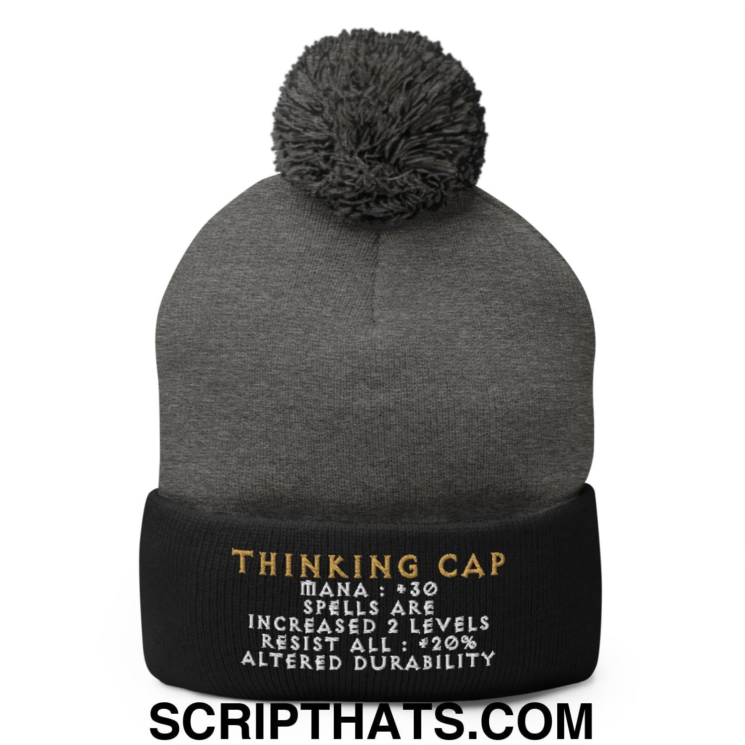 Thinking Cap Diablo Embroidered Knit Pom Pom Beanie Dark Heather Grey Black