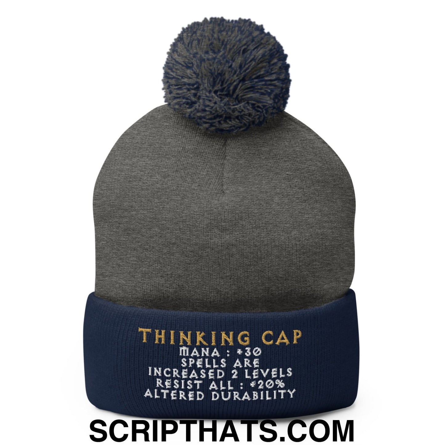 Thinking Cap Diablo Embroidered Knit Pom Pom Beanie Dark Heather Grey Navy