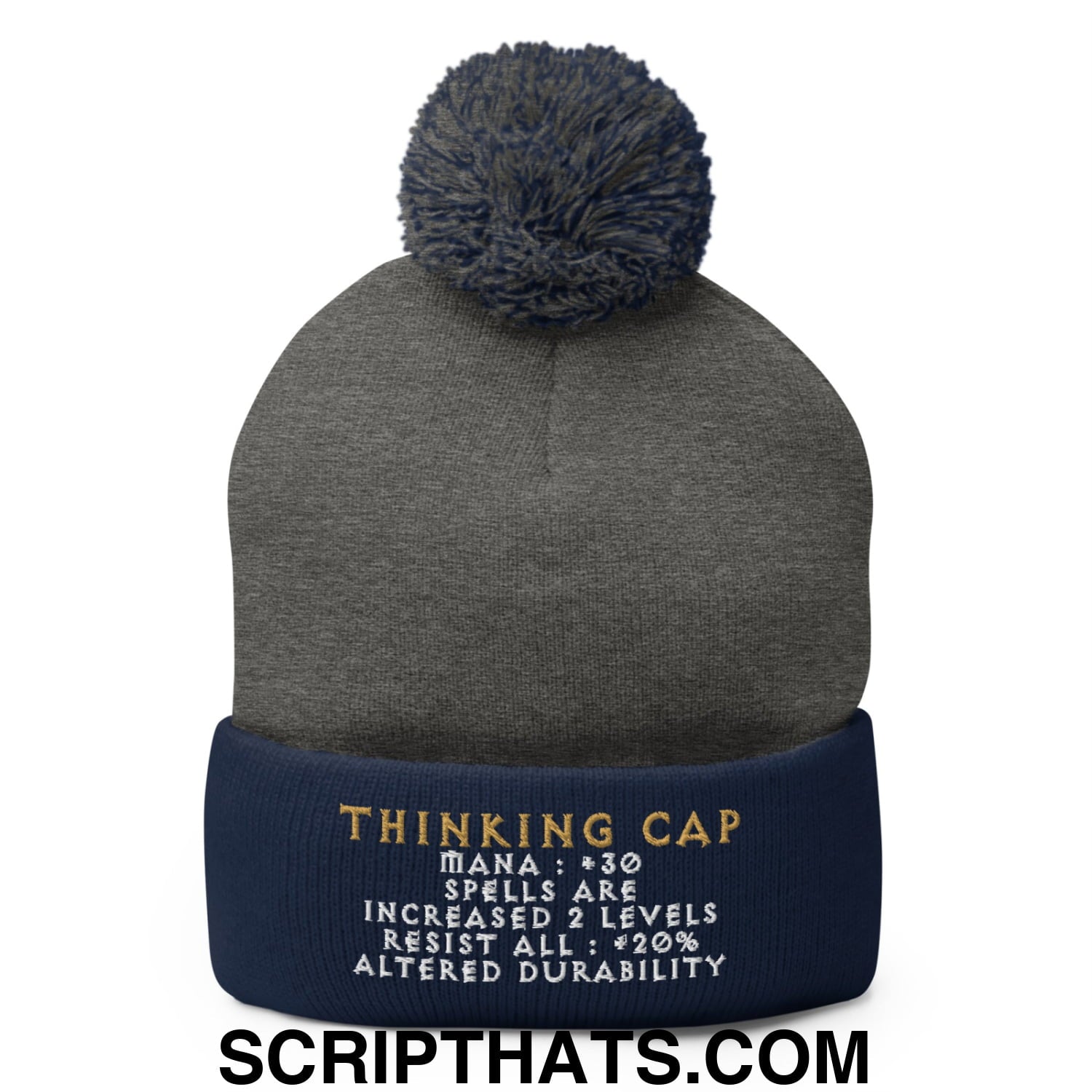 Thinking Cap Diablo Embroidered Knit Pom Pom Beanie Dark Heather Grey Navy