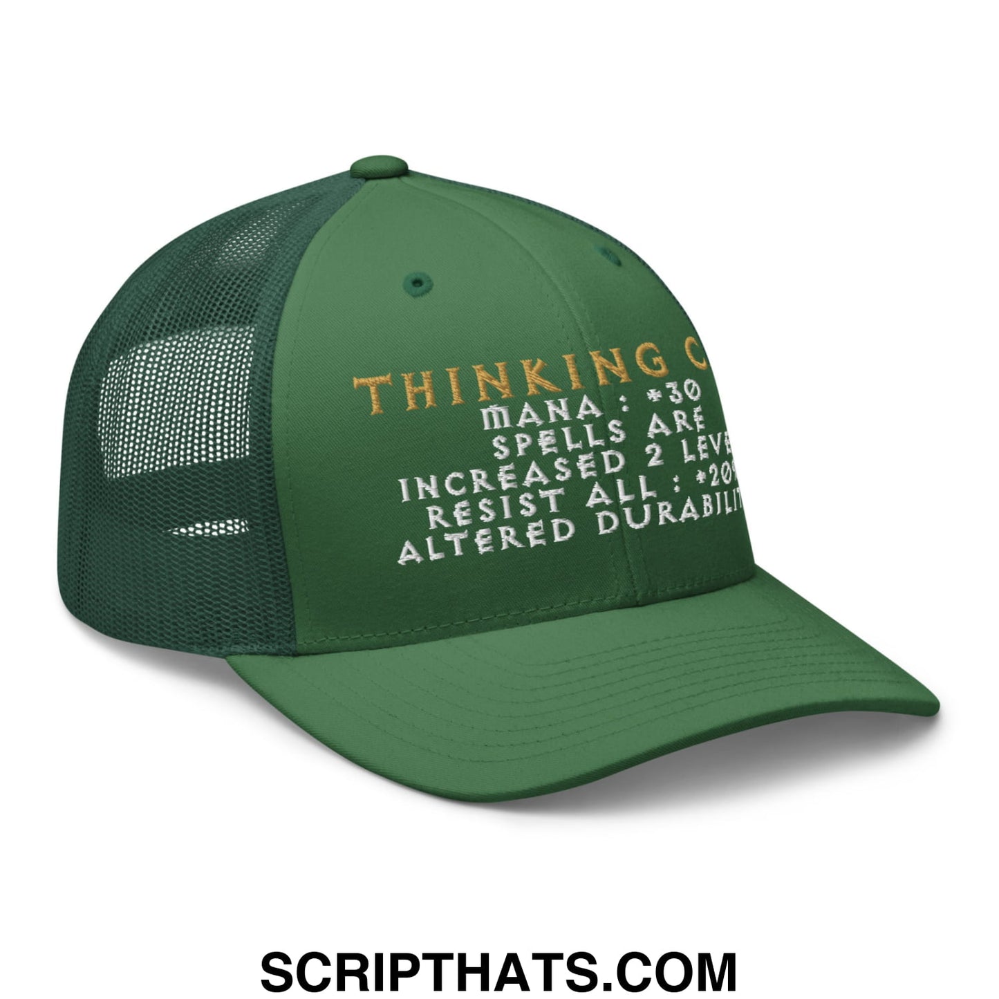 Dark green thinking cap Diablo embroidered mesh trucker hat with gold and white text and mesh back panel