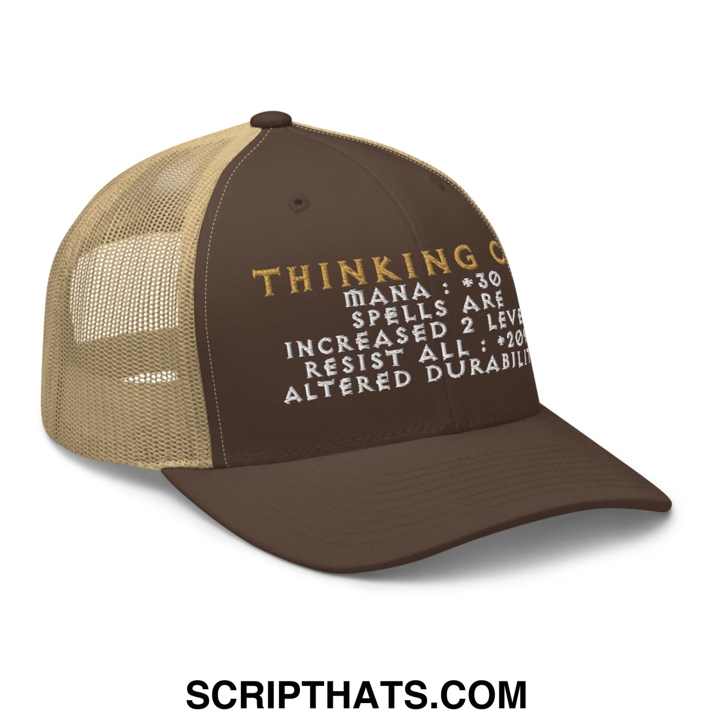 Thinking Cap Diablo Embroidered Mesh Trucker Hat Brown Khaki