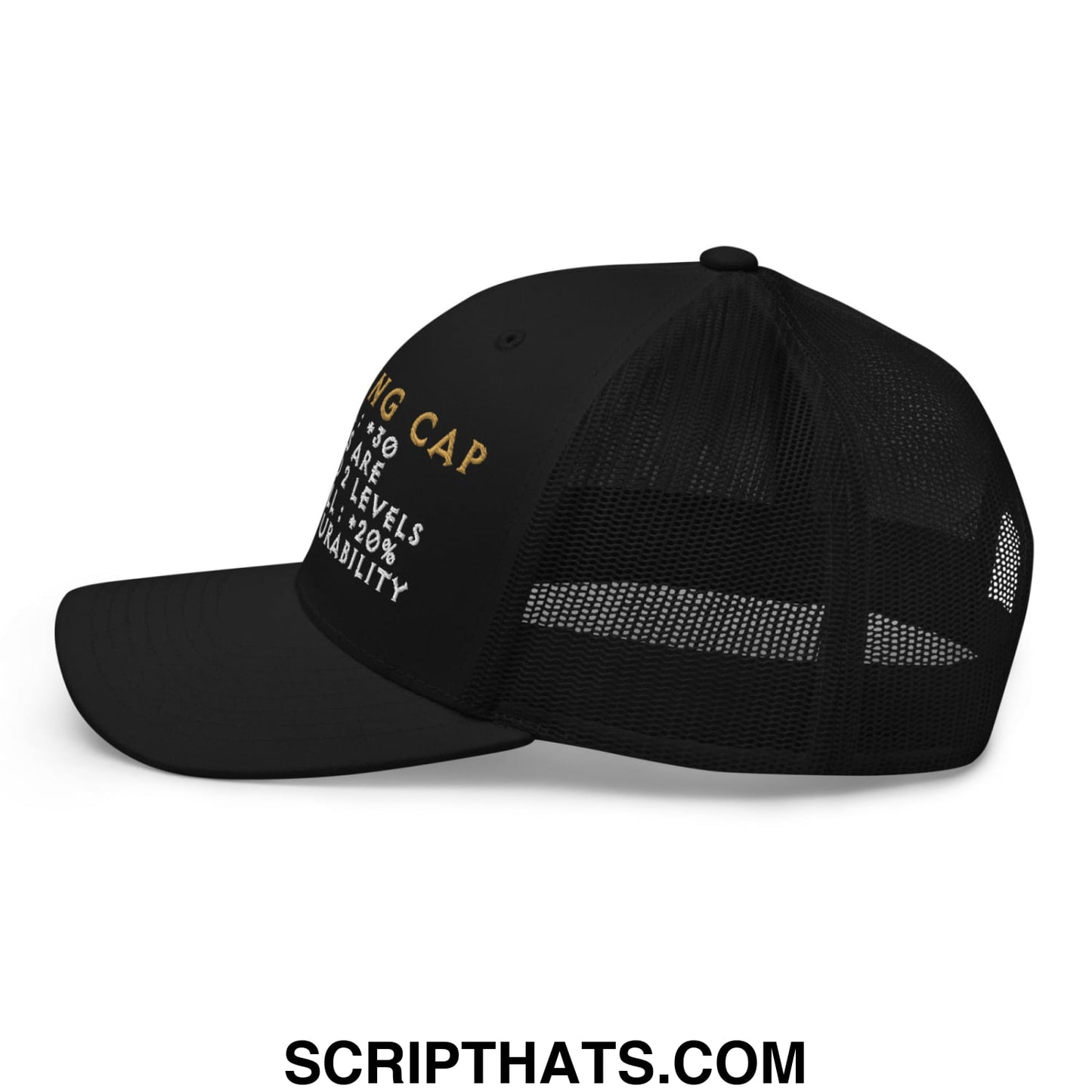 Black thinking cap diablo trucker hat with gold and white embroidered text on mesh side panel